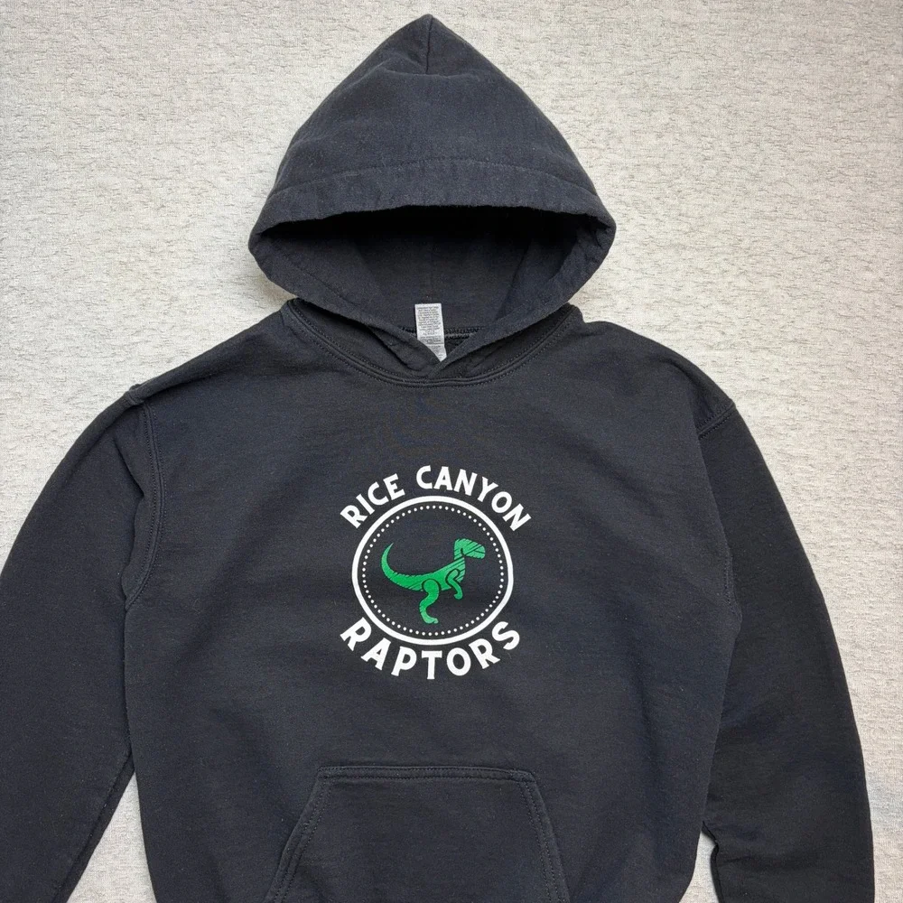 Gildan Youth Hoodie Large Black Rice Canyon Raptors Dinosaur Graphic Pullover‎
